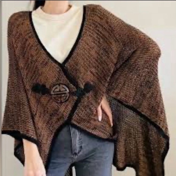 Soft Surroundings Shawl One Size Mei Ling Knit Sweater Cape Poncho Brown Black - Picture 12 of 12